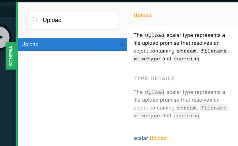 The Apollo Upload Scalar type viewed in the Playground